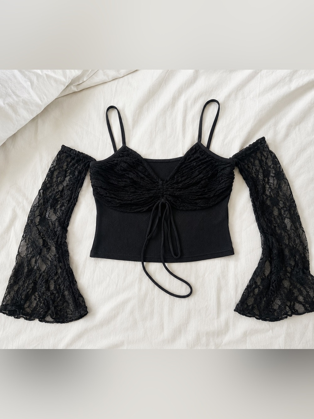 Black Lace-Detail Off-Shoulder Crop Top - Women
